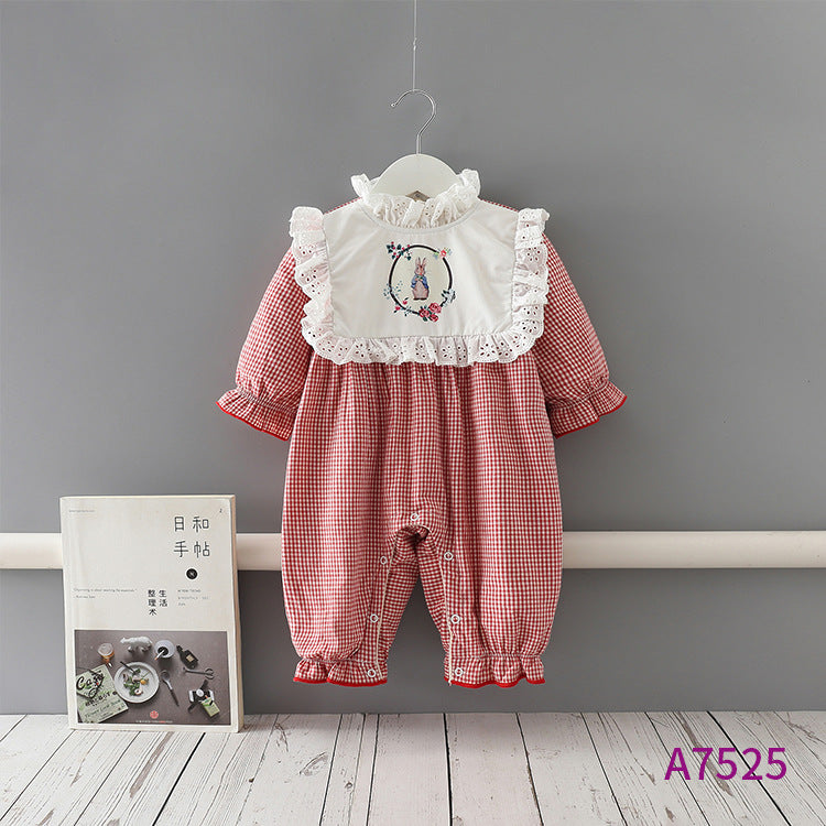 Baby Onesies Plus Velvet Padded Rabbit Plaid