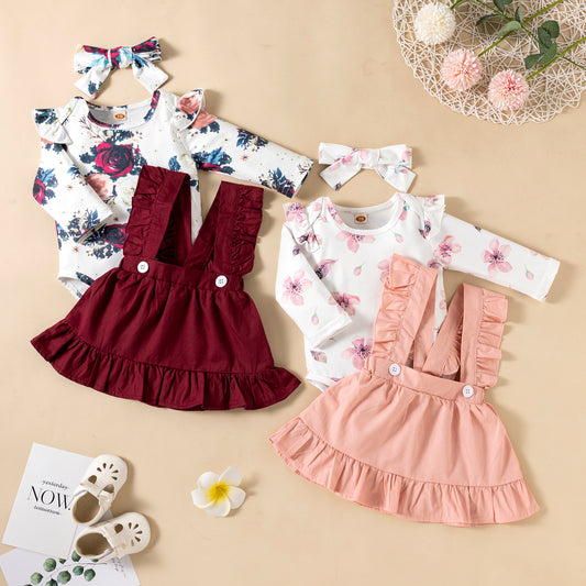 Long-sleeved Baby Girl Romper / Two-color Strap Ruffled Dress