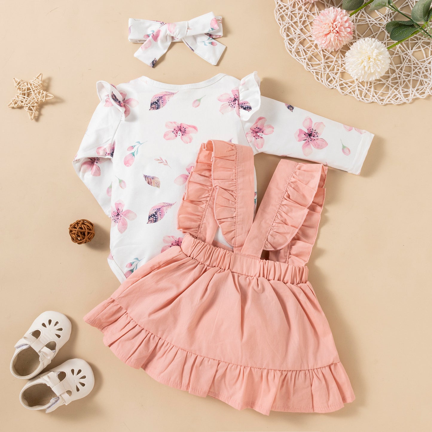 Long-sleeved Baby Girl Romper / Two-color Strap Ruffled Dress