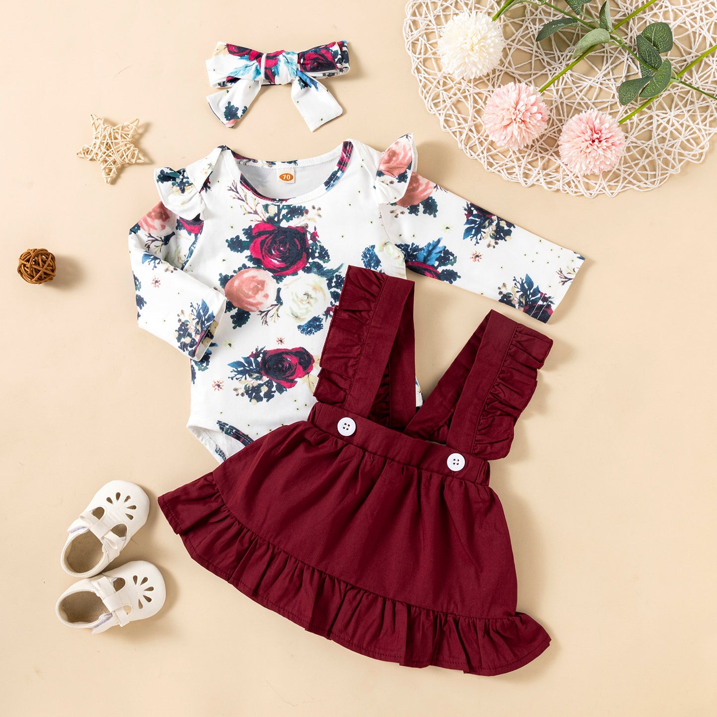 Long-sleeved Baby Girl Romper / Two-color Strap Ruffled Dress