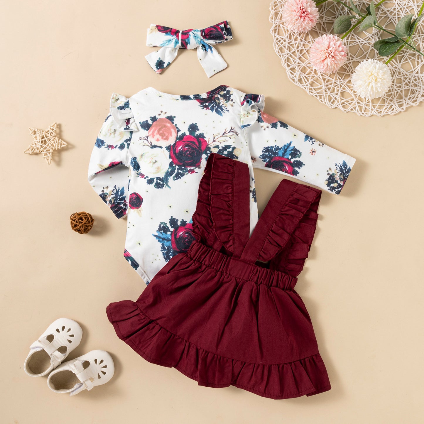 Long-sleeved Baby Girl Romper / Two-color Strap Ruffled Dress