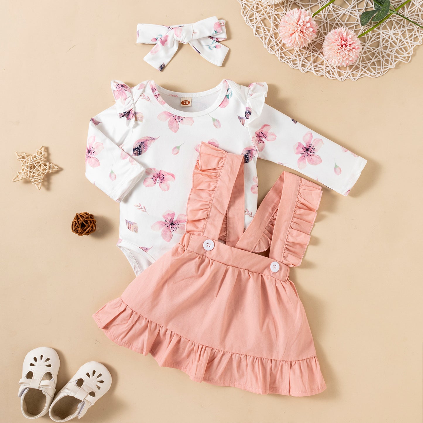 Long-sleeved Baby Girl Romper / Two-color Strap Ruffled Dress